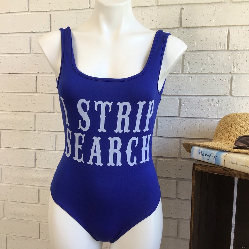 Hustler Hollywood I Strip Search Highcut Swimsuit
Blue & White NWT